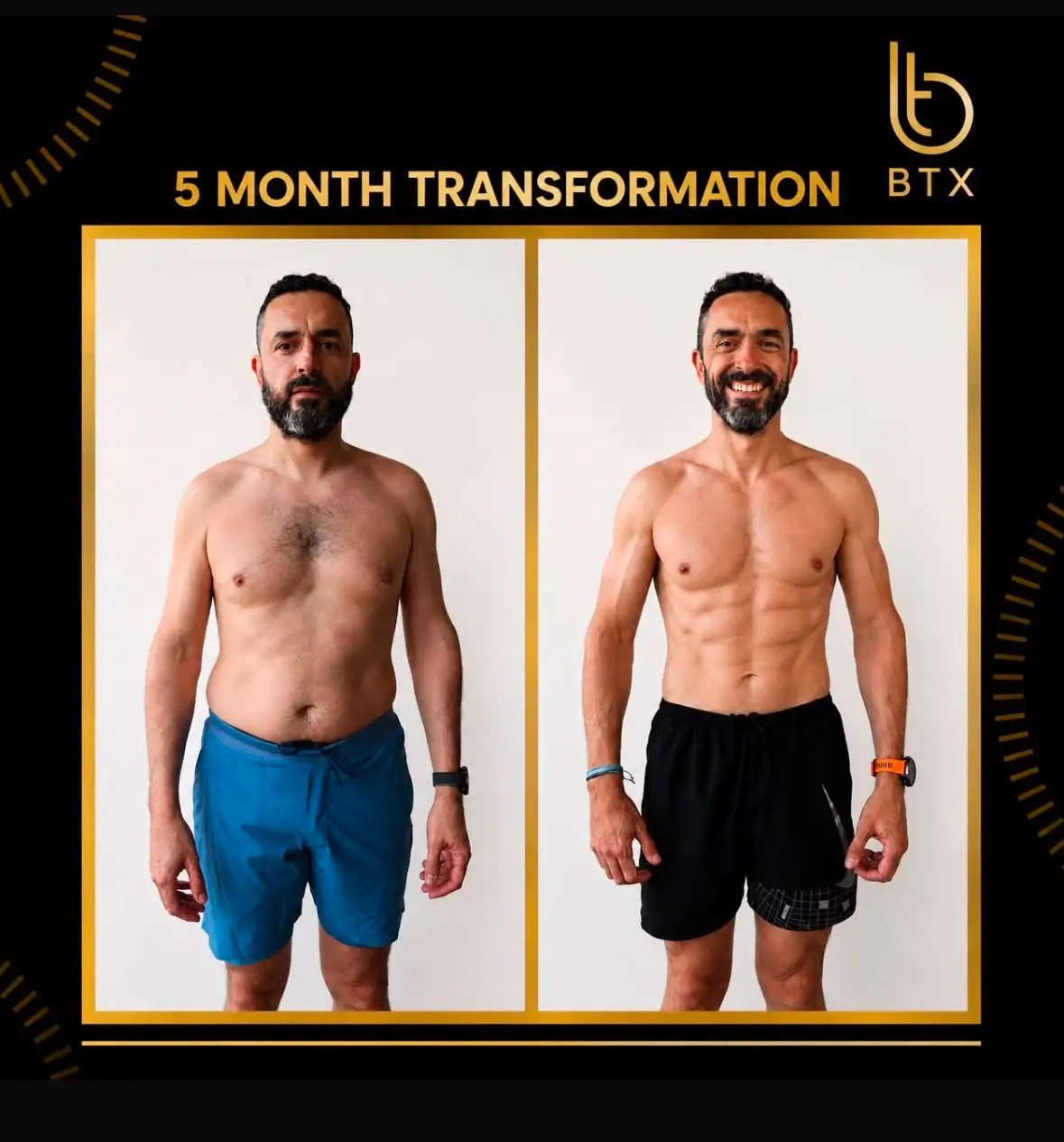George before and after his 5 month body transformation with BTX London, 23% to 10% body fat