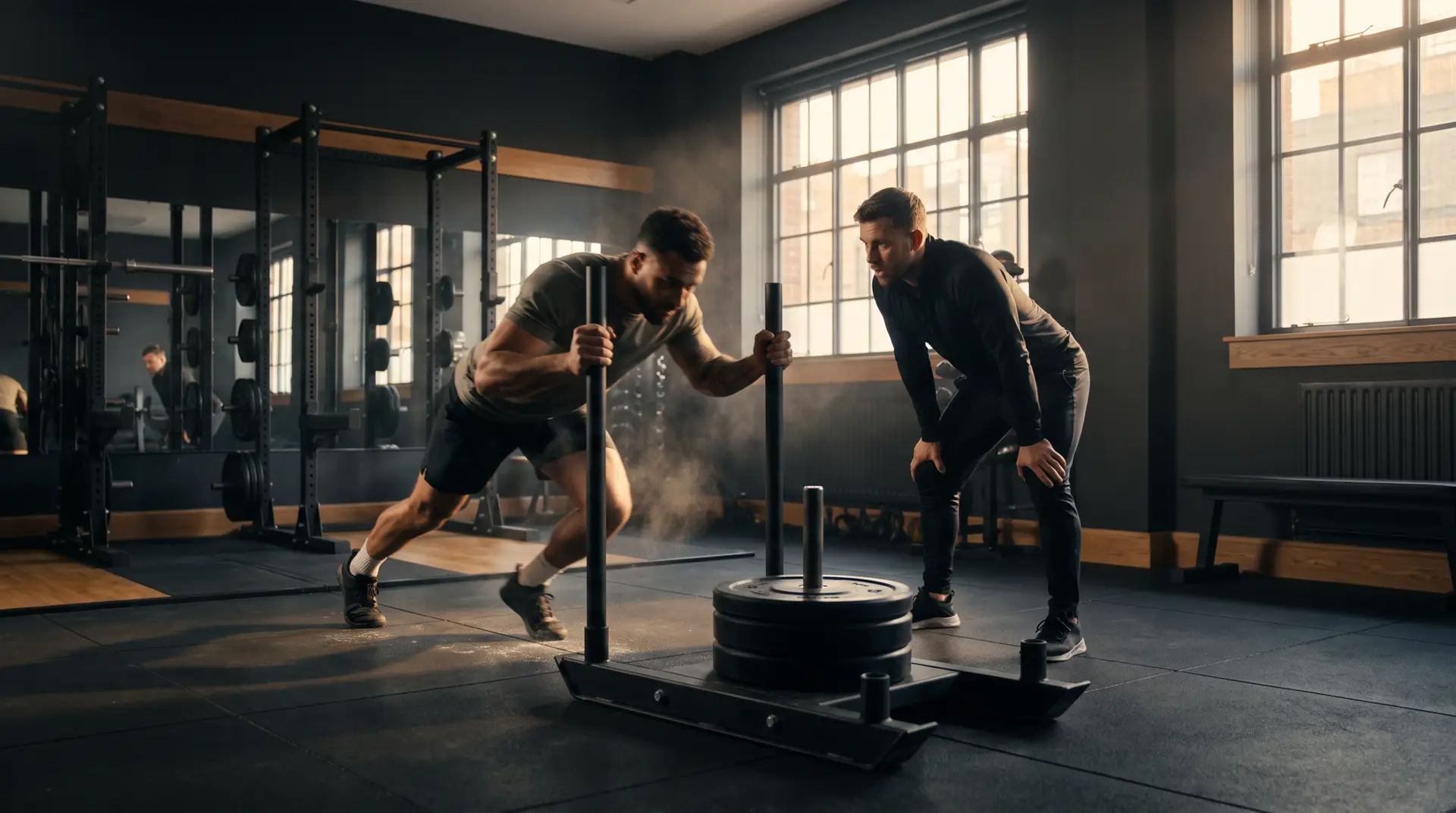 HYROX training London — athlete pushing a sled during a coached session at Body Transformation London's Hampstead studio