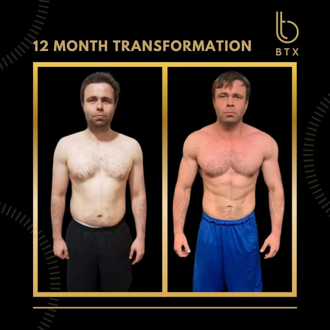Matt before and after his 12 month body transformation with BTX London, 22% to 9% body fat